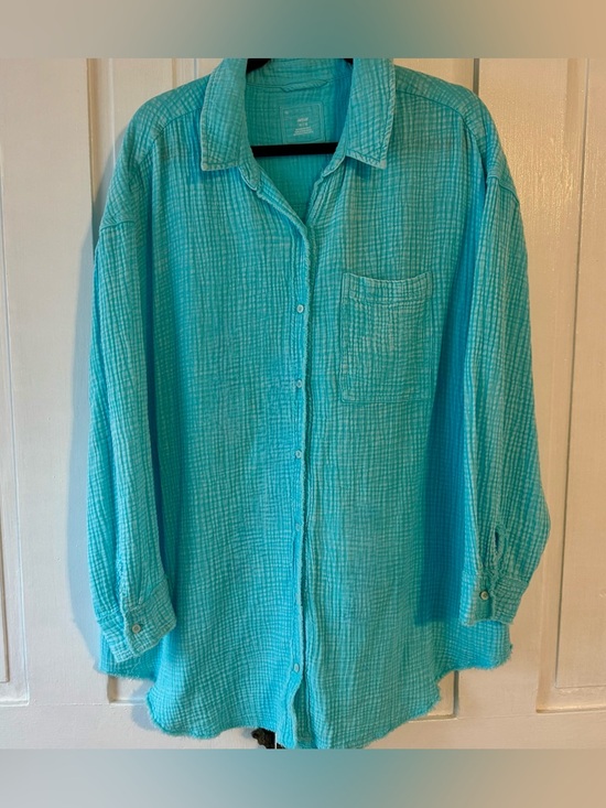aerie Tops - Aerie Oversized Cotton Gauze Button Down Shirt - Teal Blue - XL